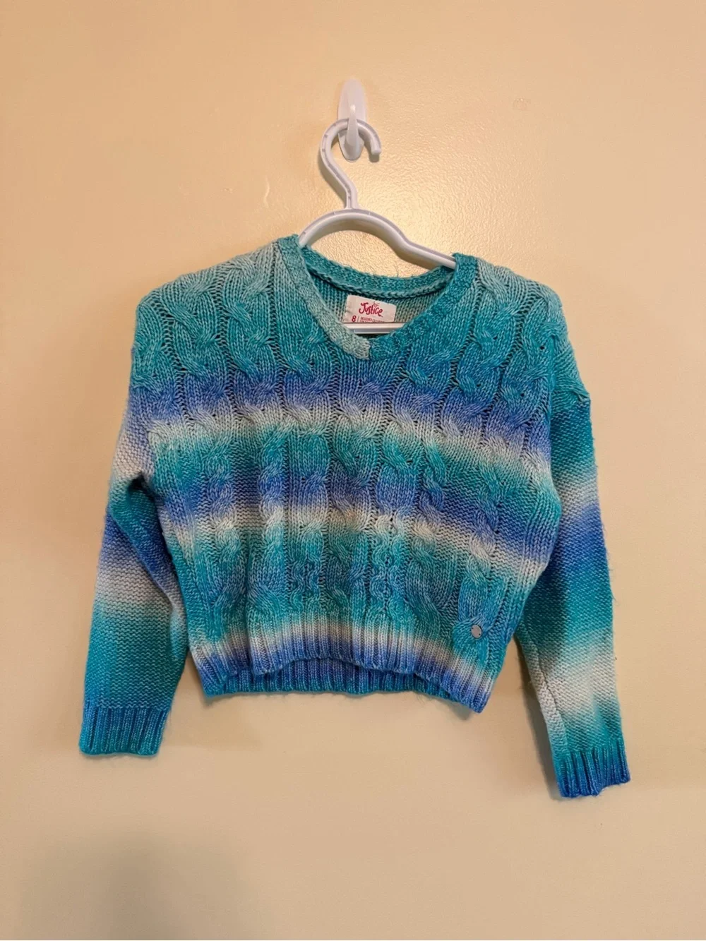 Justice Teal and Blue Ombre Cable-Knit Crewneck Sweater